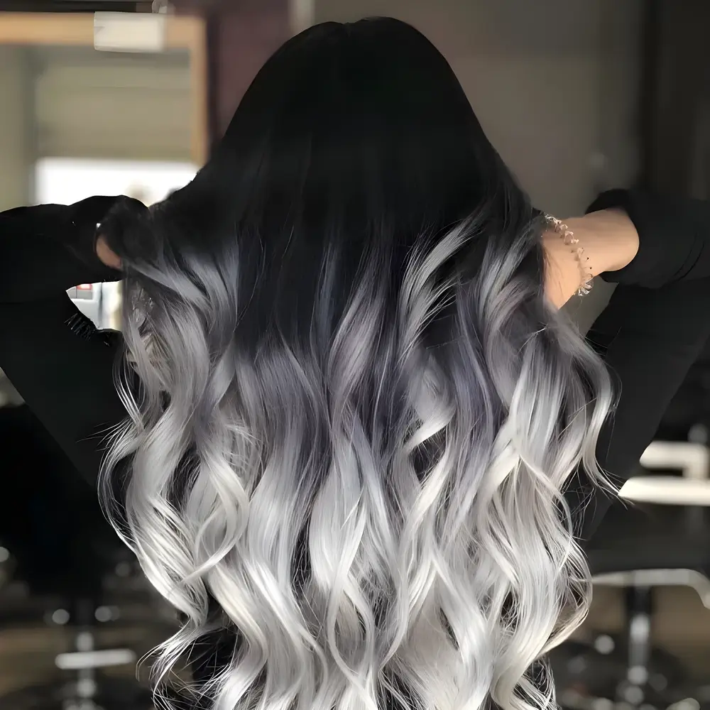 Women’s Long Hair Ombre in Black to Silver Ash with Loose Waves in Queens, NY from Larisa’s Salon